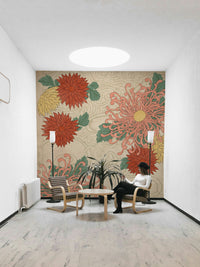 Japanese botanical wall mural with soft florals

