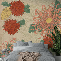 Bold chrysanthemum mural with cultural elegance

