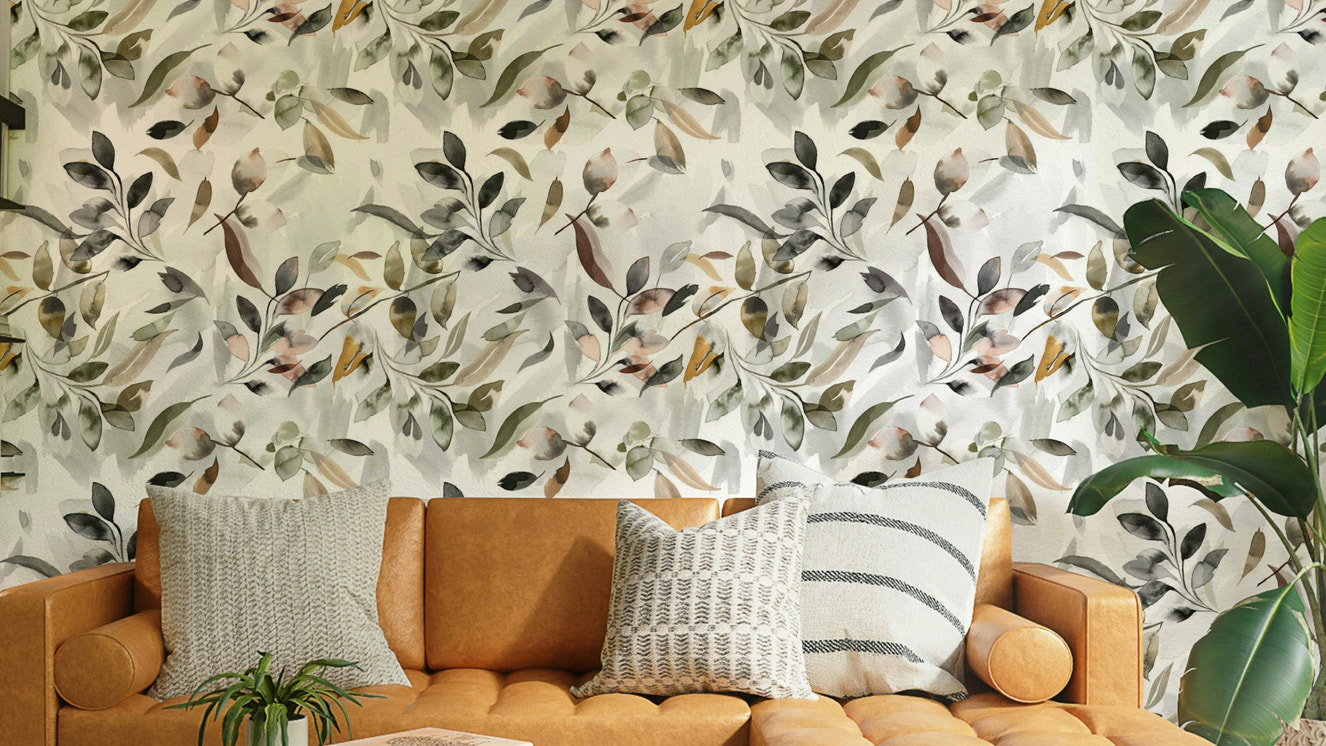 Japanese botanical leaf wallpaper in gold and beige

