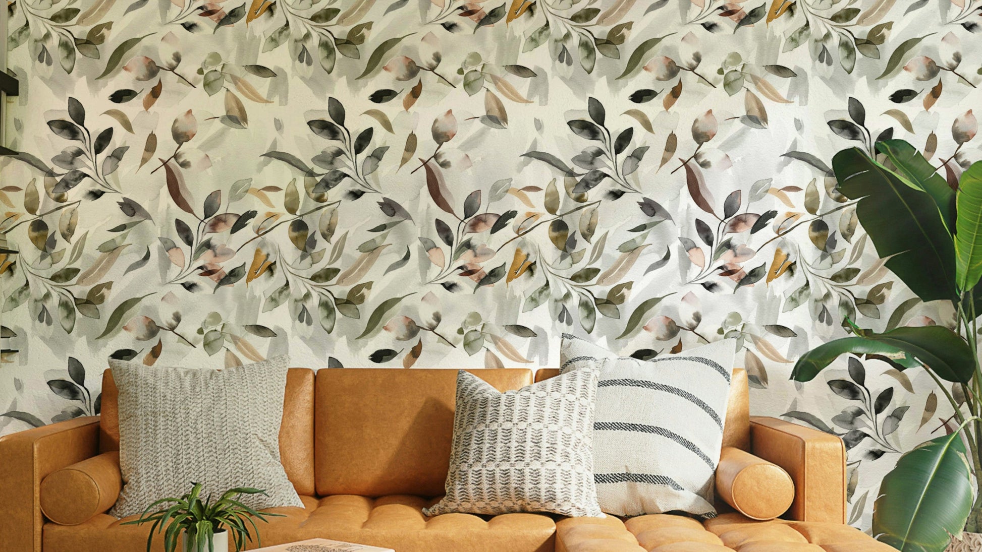 Japanese botanical leaf wallpaper in gold and beige

