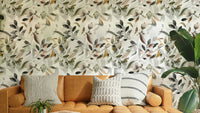 Japanese botanical leaf wallpaper in gold and beige

