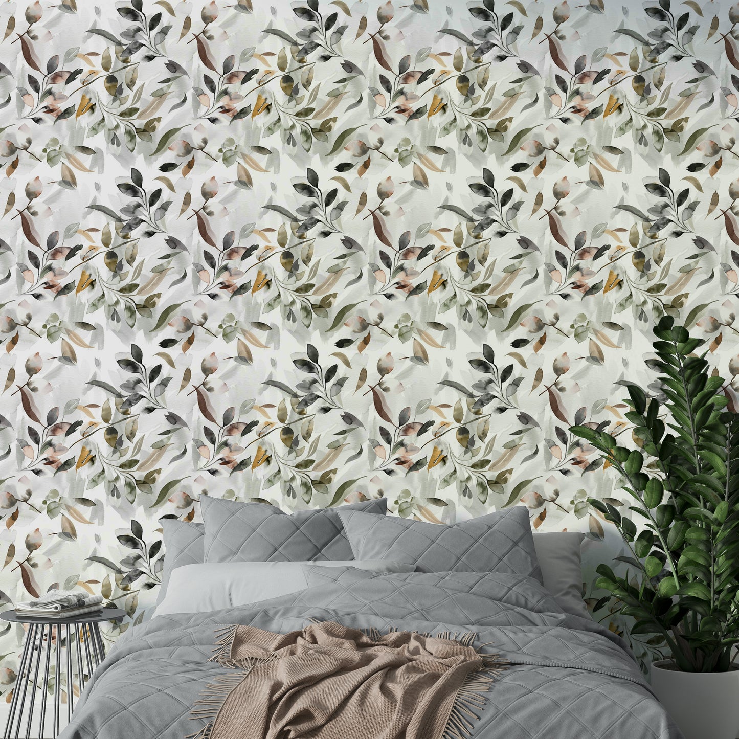 Serene nature wallpaper with gold leaf patterns

