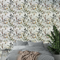 Serene nature wallpaper with gold leaf patterns

