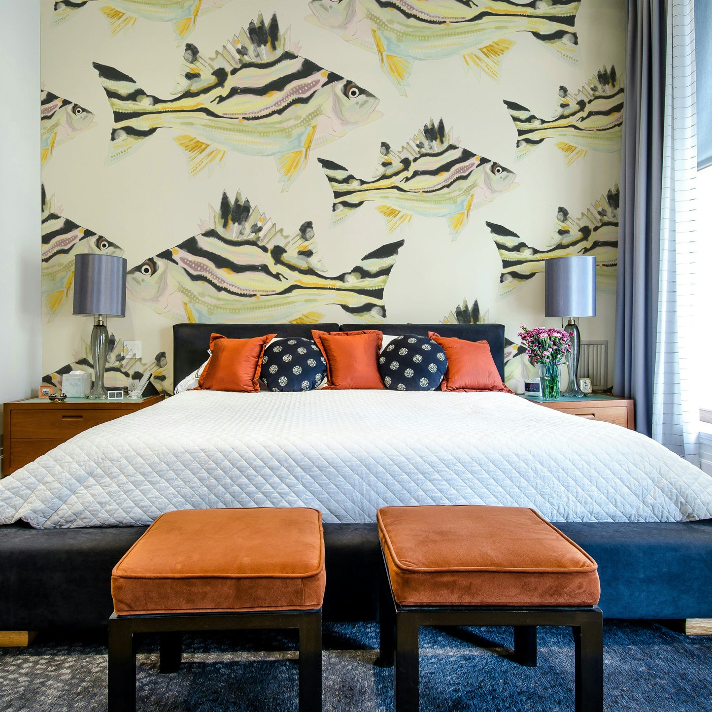 Artistic fish design mural with soft, fluid patterns and vibrant hues.

