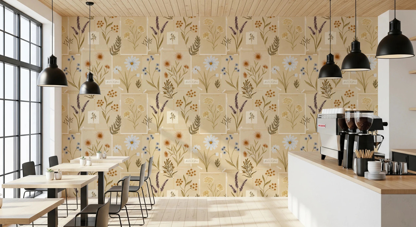 Jardin des Fleurs collage muted wallpaper adds soft florals to restaurant  