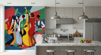 Jazz Ensemble mural of abstract jazz players beside a gray kitchen island with dome pendants