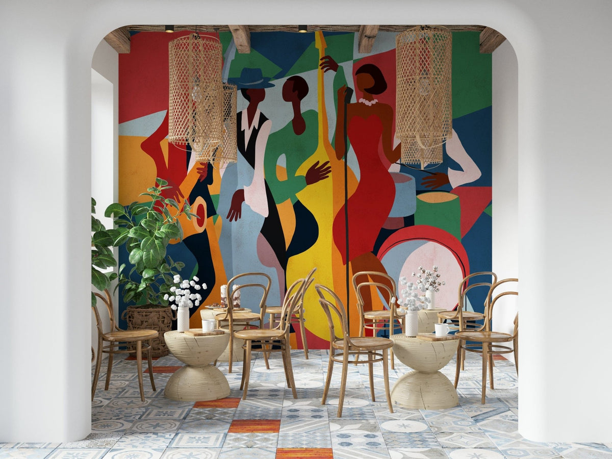 Jazz Ensemble mural of bold cubist musicians in a cafe with rattan pendants and bentwood chairs