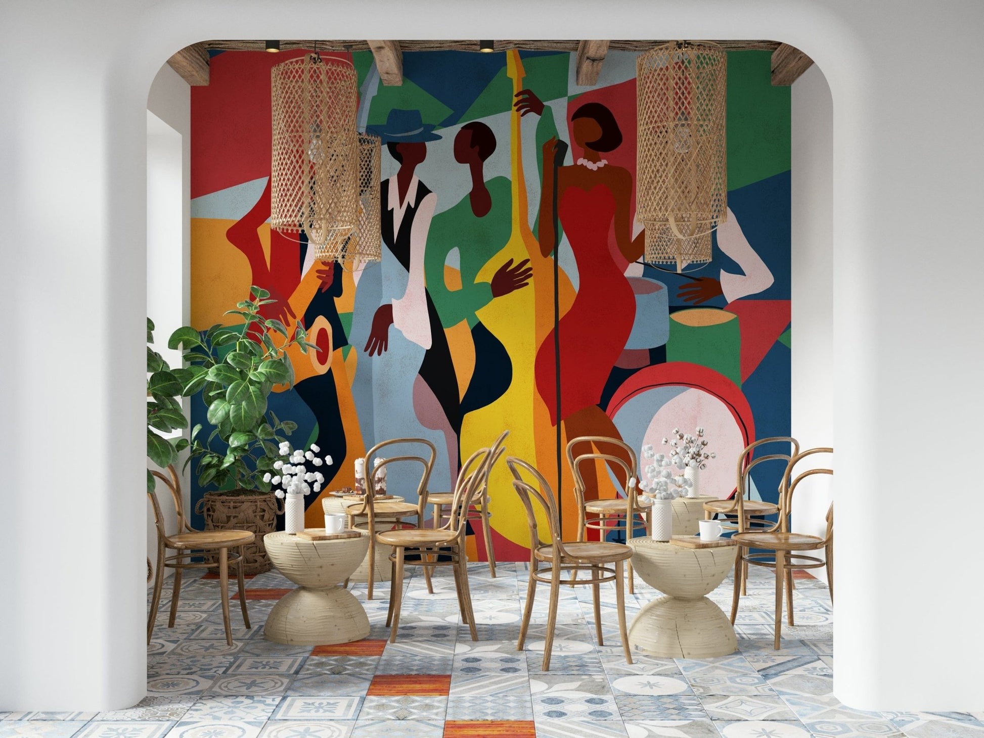 Jazz Ensemble mural of bold cubist musicians in a cafe with rattan pendants and bentwood chairs