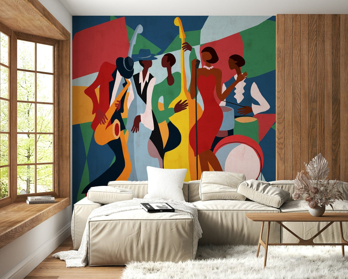 Jazz Ensemble mural in vivid colors above a beige sectional beside a wood wall in a living room