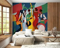 Jazz Ensemble mural in vivid colors above a beige sectional beside a wood wall in a living room