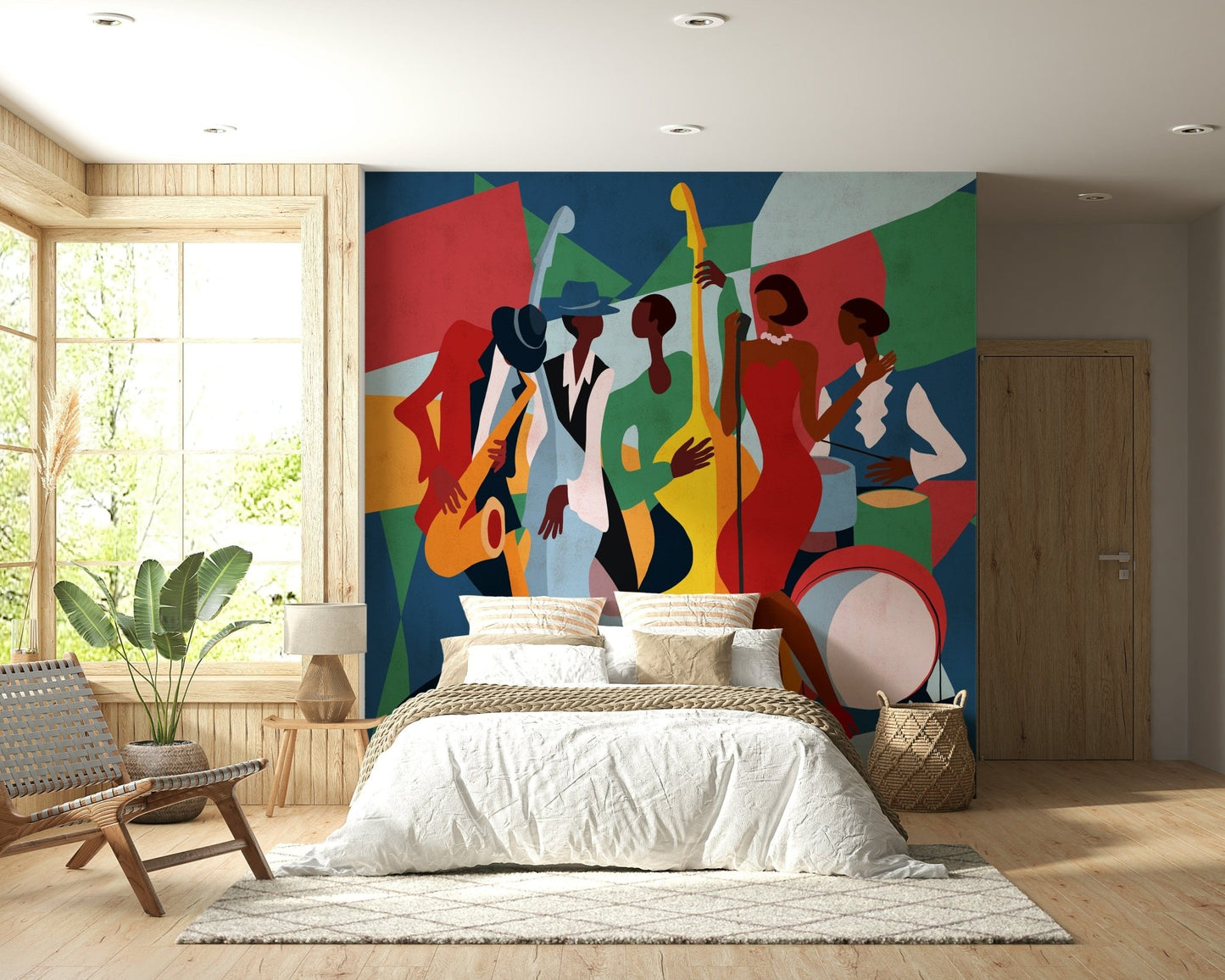 Jazz Ensemble mural of cubist musicians on bold color behind a white bed and leather sling chair