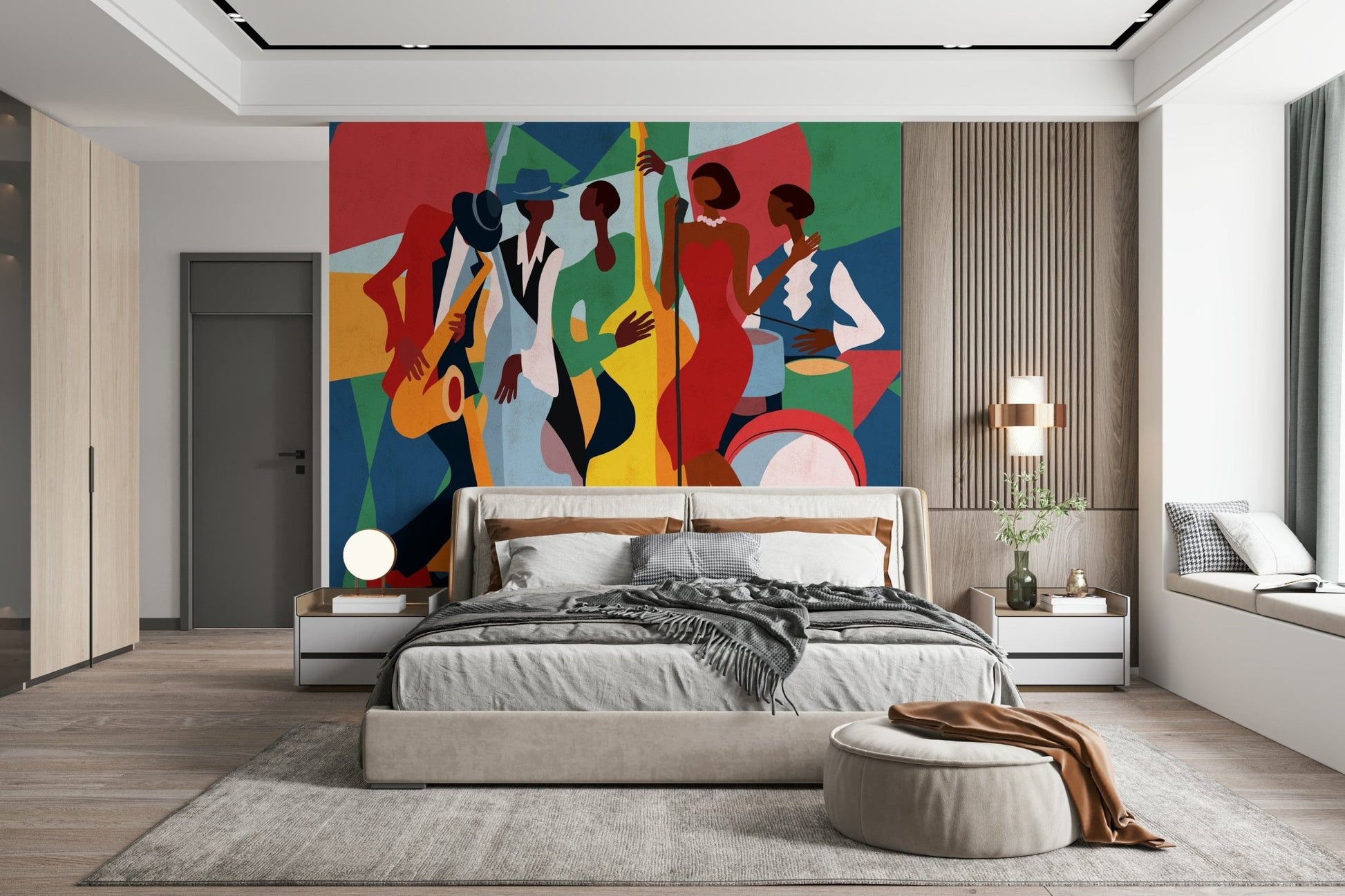 Jazz Ensemble mural in bold reds and blues forming a headboard over a gray bed in a modern bedroom