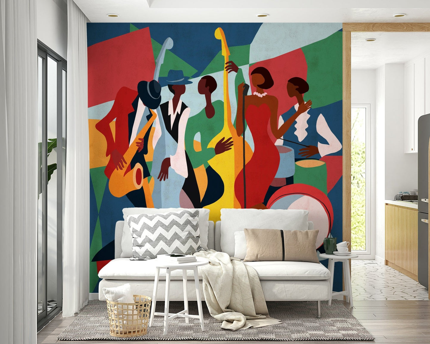 Jazz Ensemble mural in red, blue and green behind a gray sofa and floor lamps in a living room