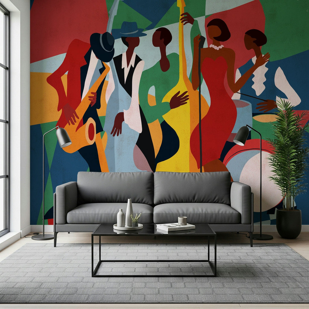 Jazz Ensemble mural of colorful jazz band behind a gray sofa beside a tall window in a living room