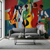Jazz Ensemble mural of colorful jazz band behind a gray sofa beside a tall window in a living room
