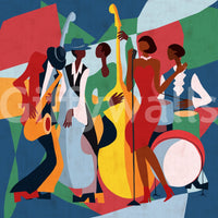Jazz Ensemble mural close-up showing colorful cubist jazz musicians with a singer in a red dress