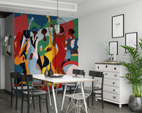 Jazz Ensemble mural in bright colors behind a white dining table with black and wire chairs