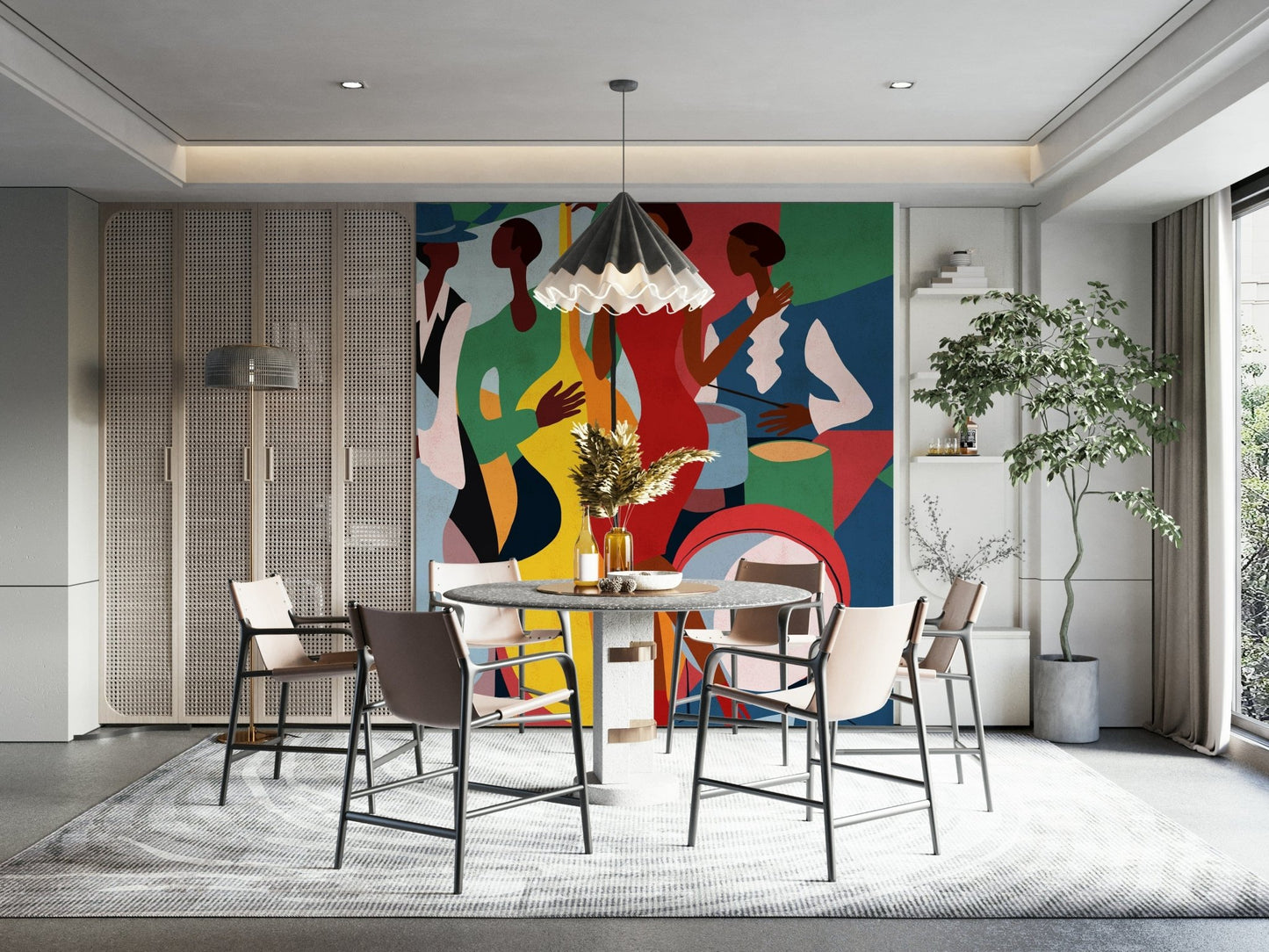 Jazz Ensemble mural in vivid colors behind a round terrazzo dining table and mixed chairs