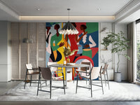 Jazz Ensemble mural in vivid colors behind a round terrazzo dining table and mixed chairs