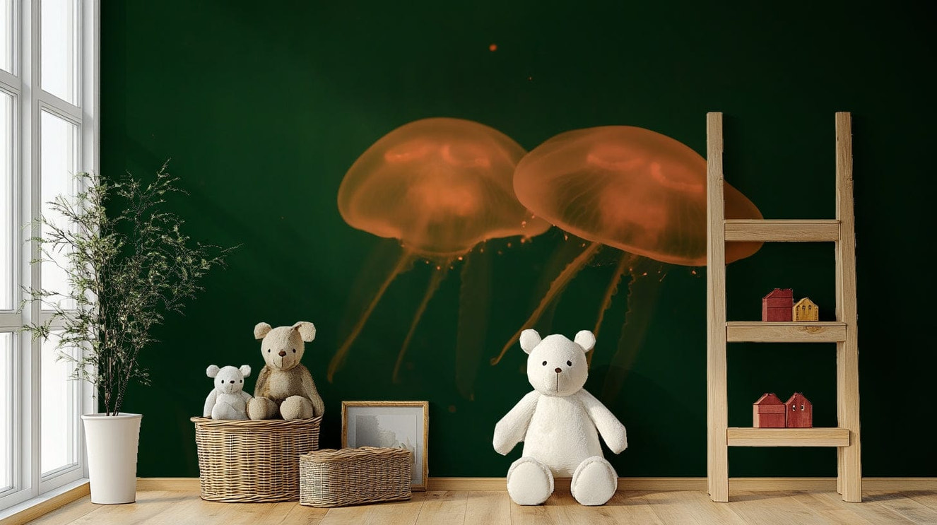 A graceful subtle sea creature wall mural in cool tones.

