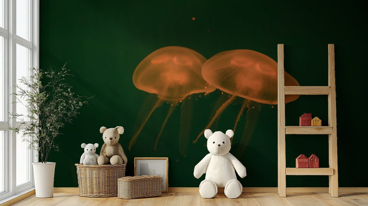 A graceful subtle sea creature wall mural in cool tones.

