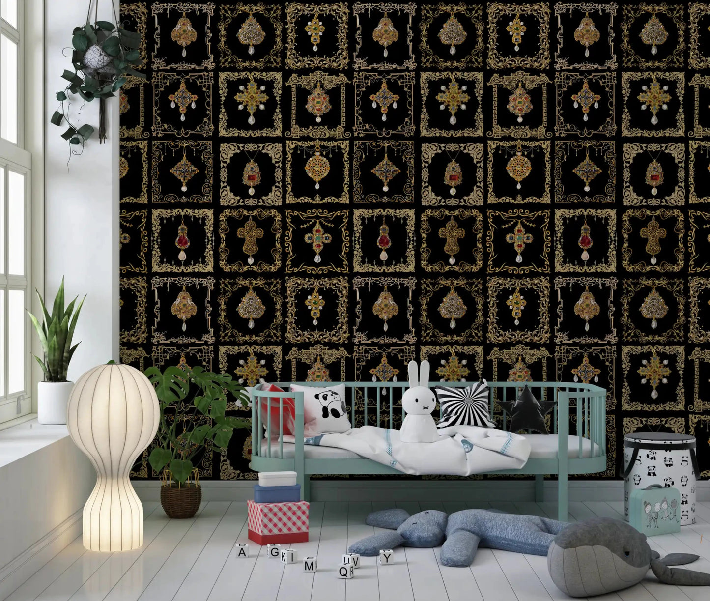 The jeweled baroque elegance wall mural greets guests in a Kids room .