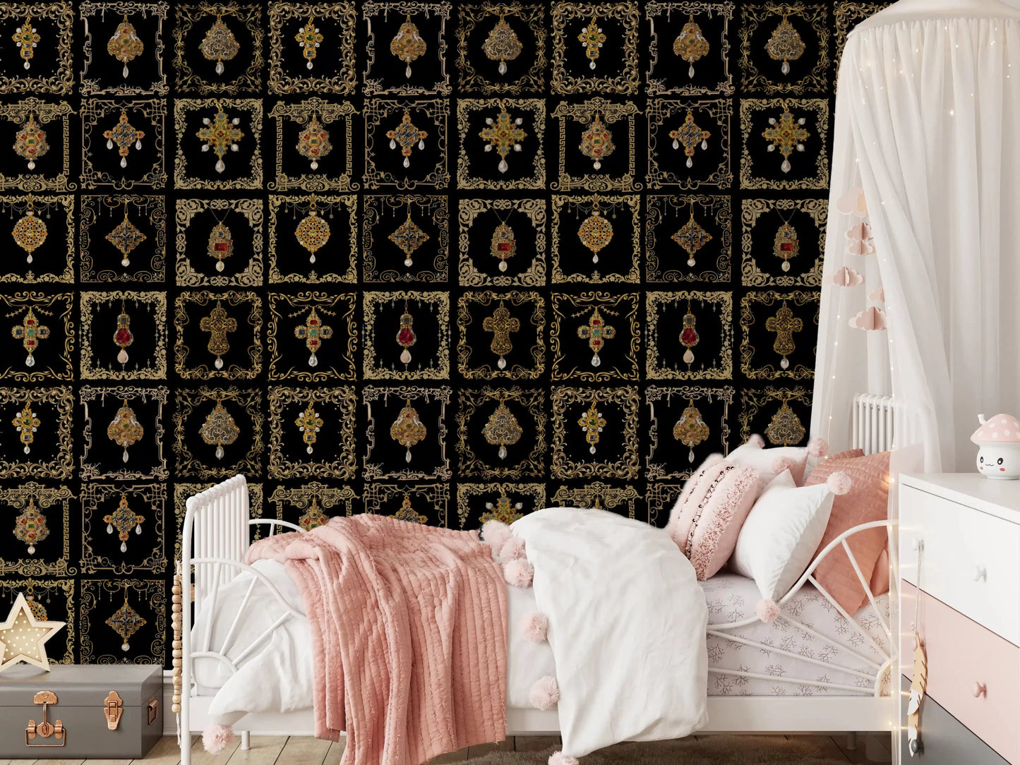 The gold and black jeweled wall mural lines a sophisticated Kids room.