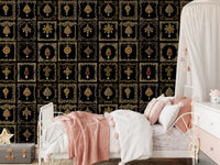 The gold and black jeweled wall mural lines a sophisticated Kids room.