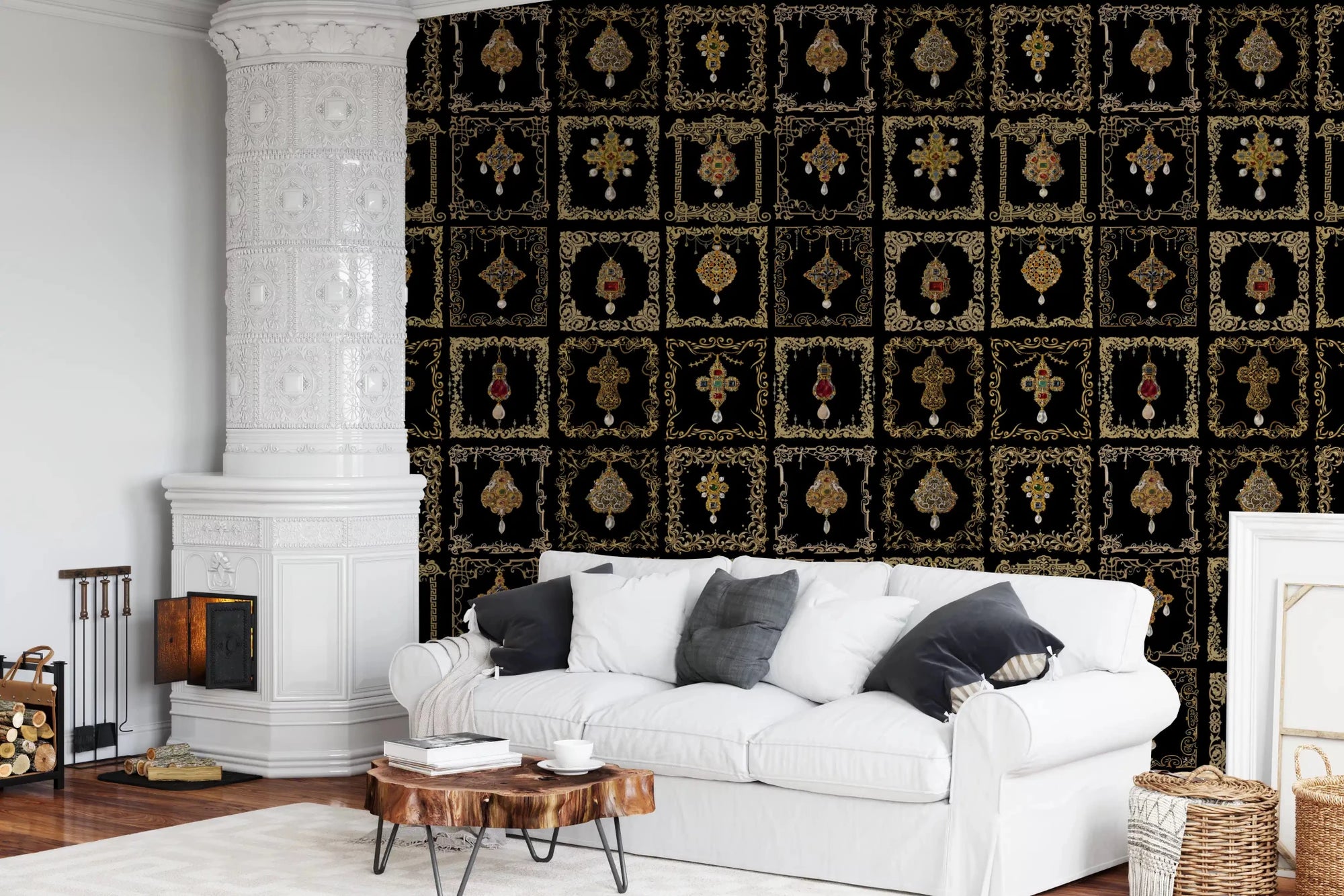 The jeweled baroque elegance wall mural adds luxury to a living room feature wall.