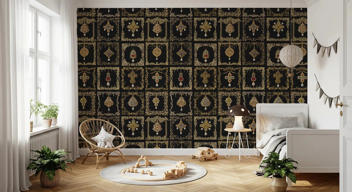 The dark jeweled baroque wall mural establishes a moody atmosphere in a nursery.