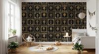 The dark jeweled baroque wall mural establishes a moody atmosphere in a nursery.