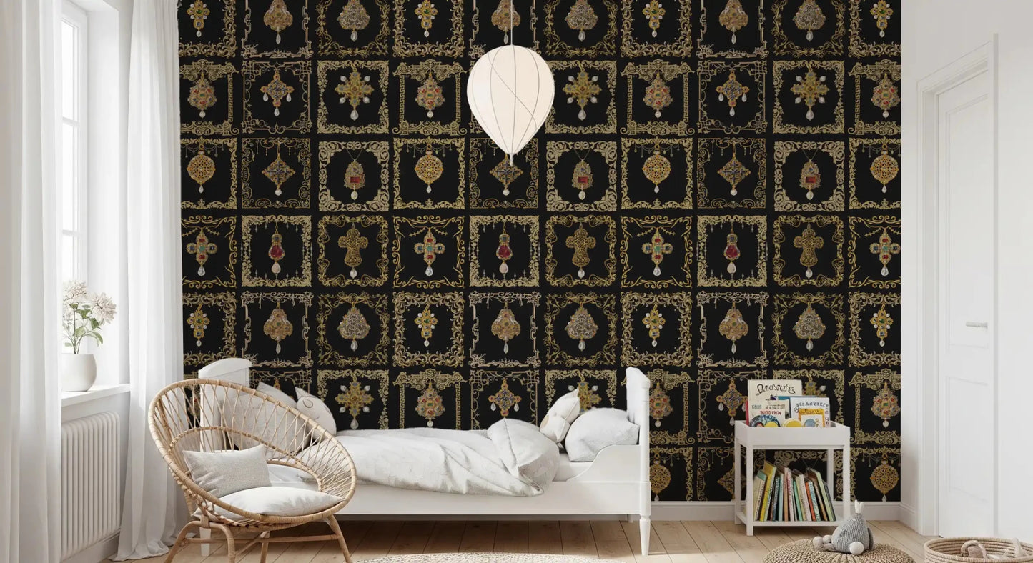 Apply this intricate jeweled baroque wall mural as a sophisticated Bedroom backdrop.