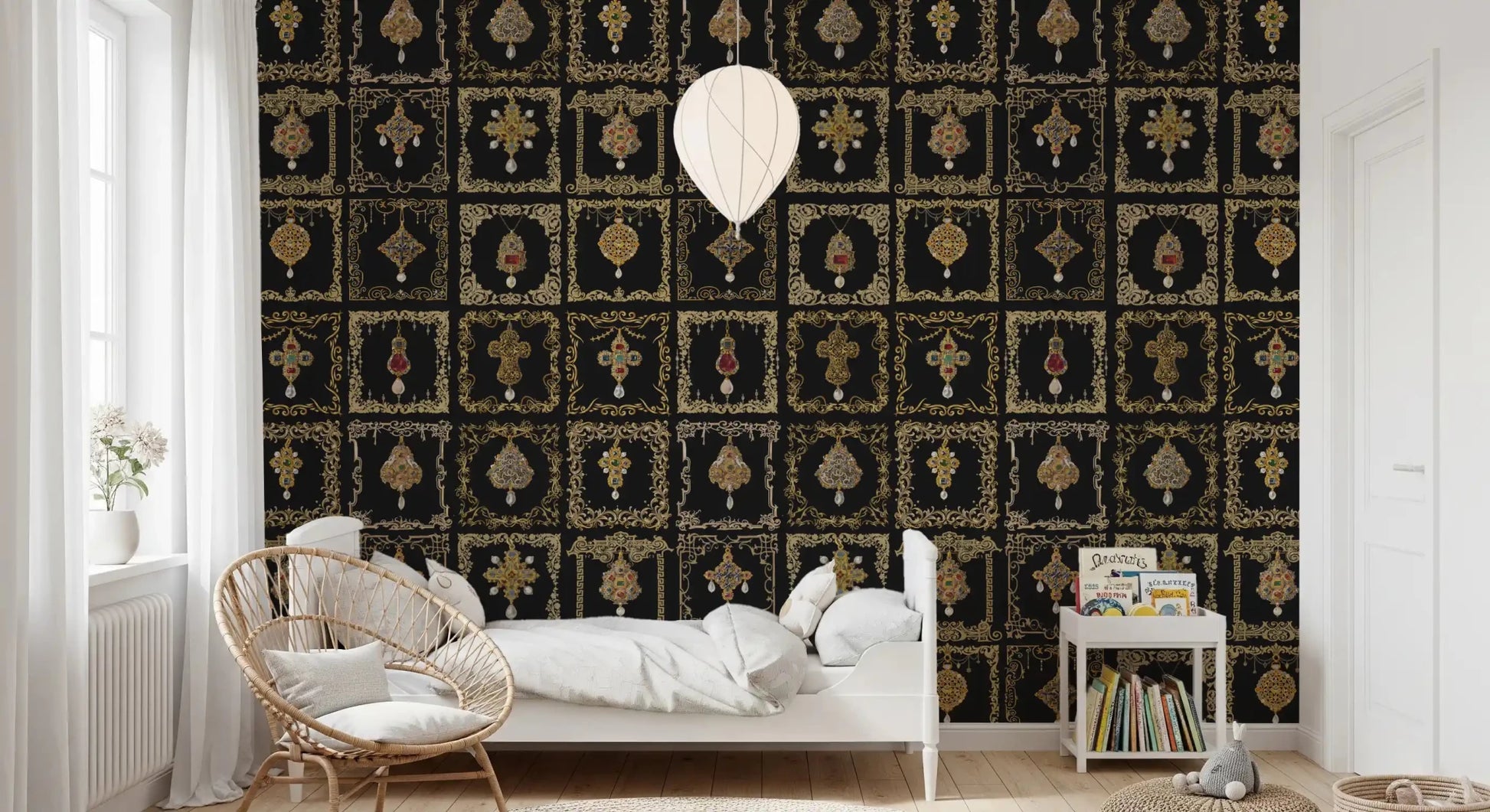 Apply this intricate jeweled baroque wall mural as a sophisticated Bedroom backdrop.