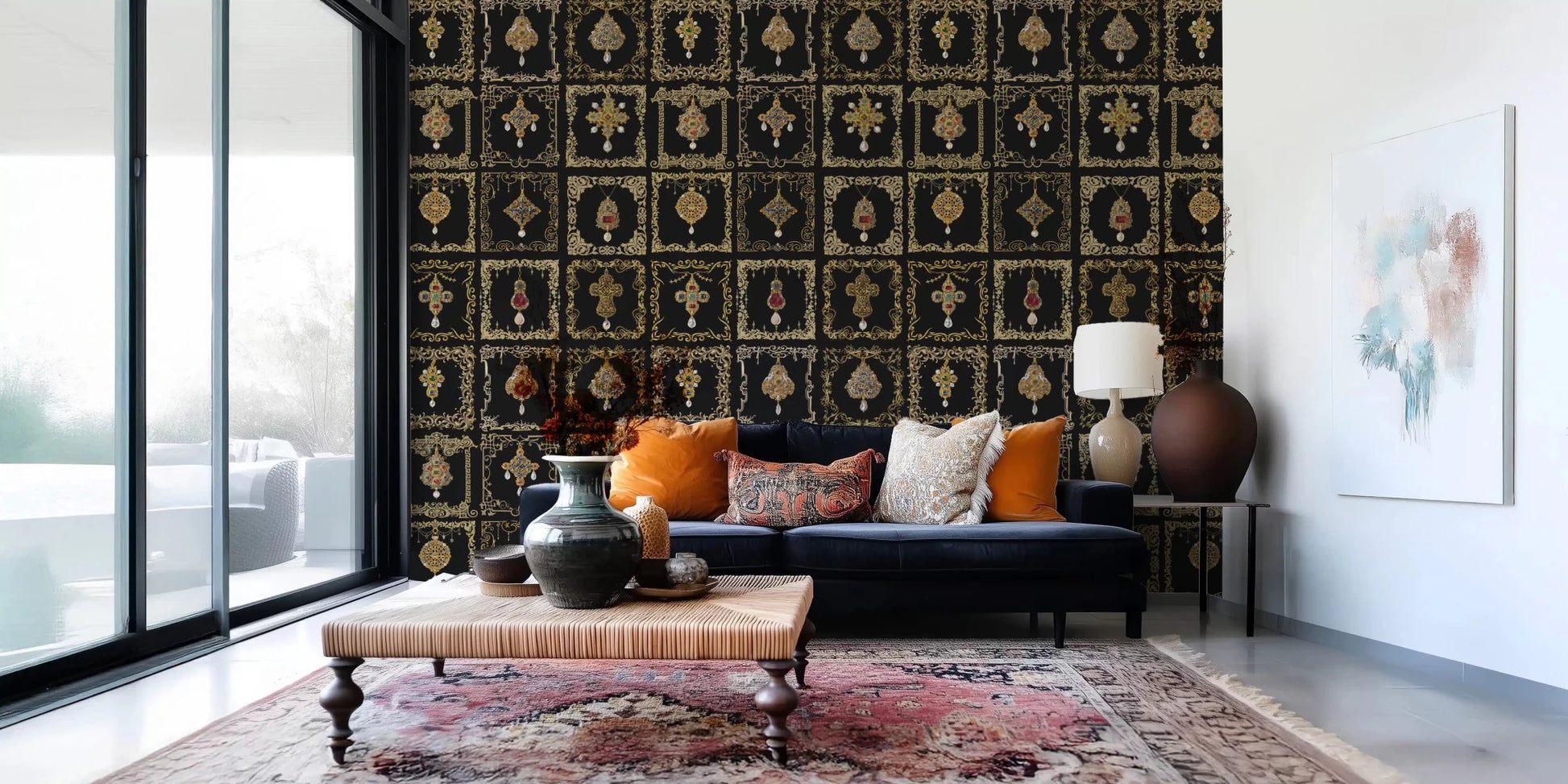 Make a maximalist statement in a Living room with this jeweled baroque wall mural.