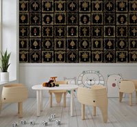 This ornate jeweled baroque wall mural creates a dramatic formal nursery setting.