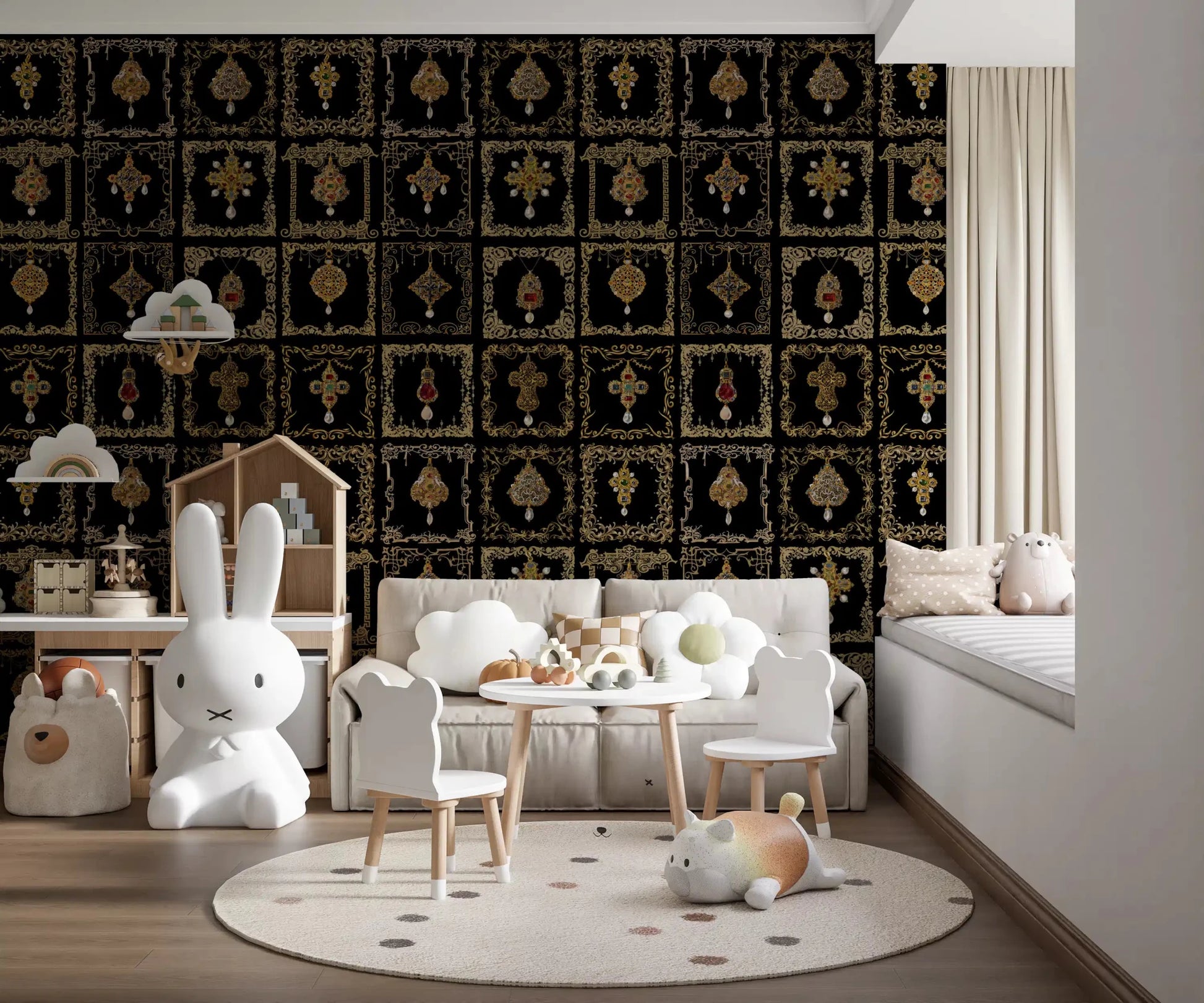 A Playroom features a bold accent with the jeweled baroque wall mural.