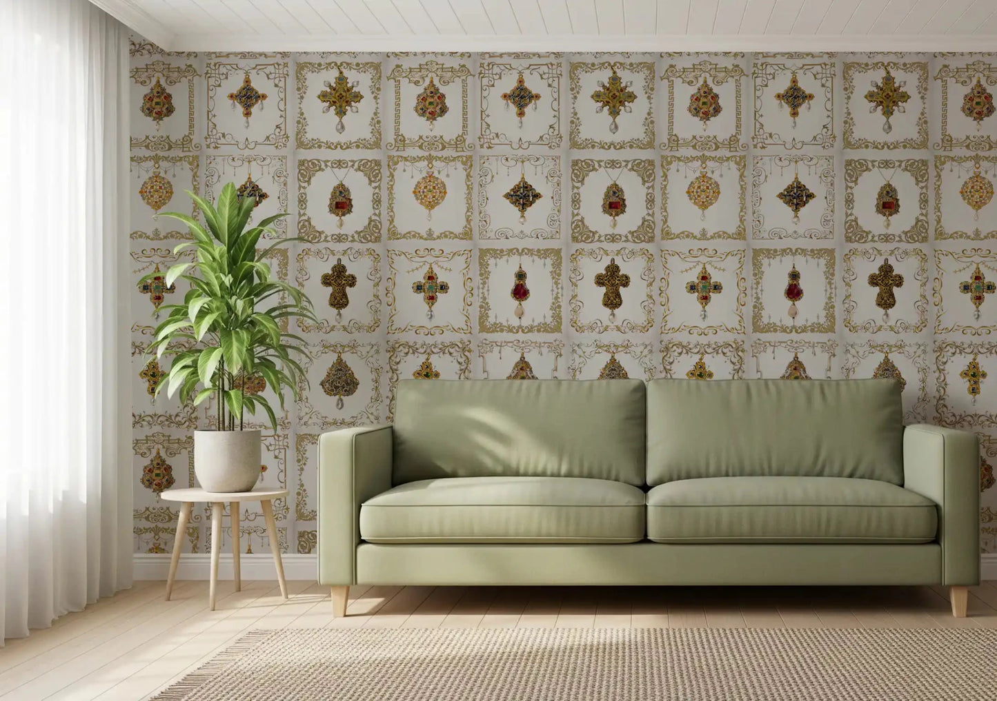 Elegant jewel pattern wall mural enhancing a hallway with refined texture