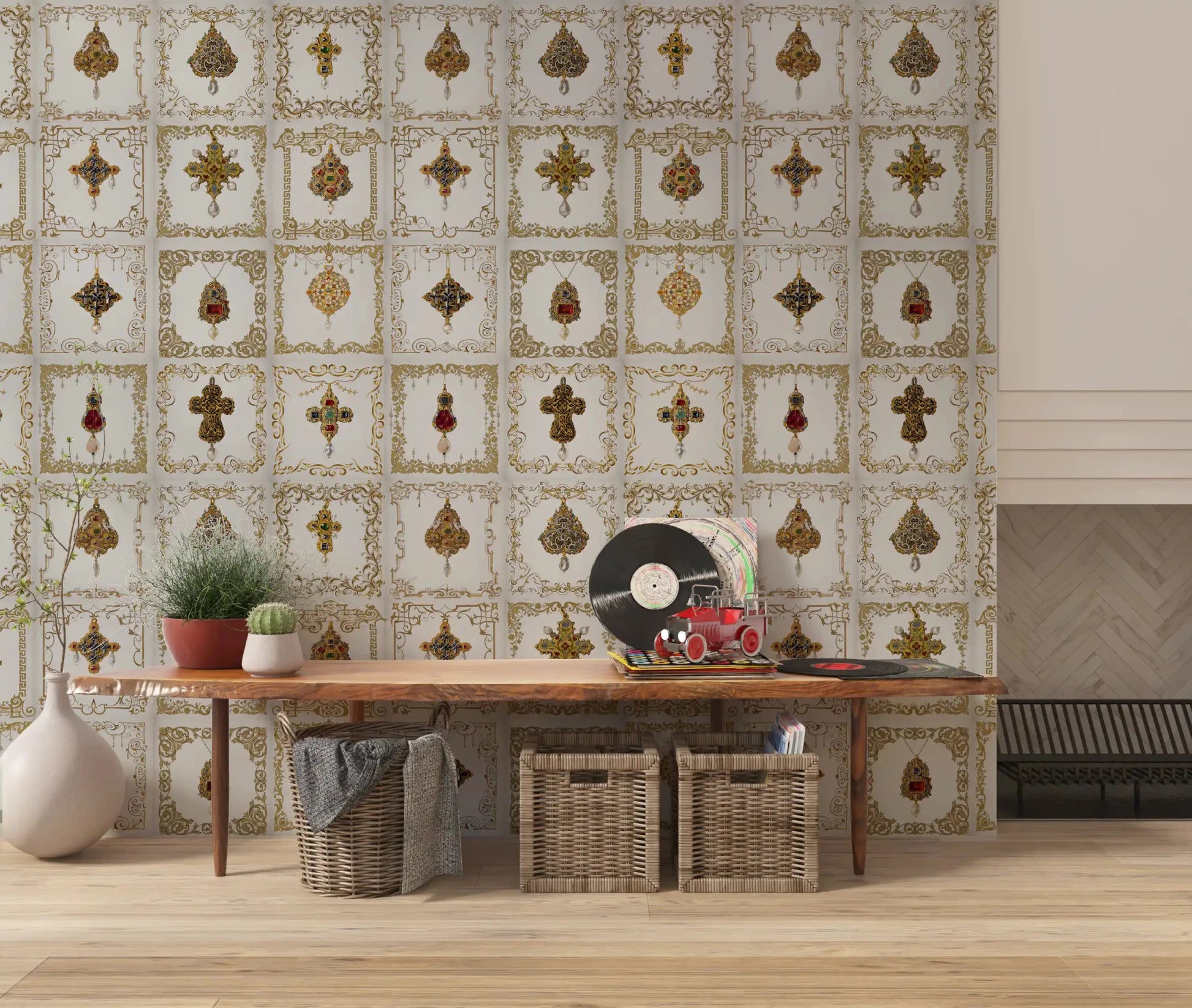 Gold filigree wall mural pairing beautifully with a luxurious Hallway setting