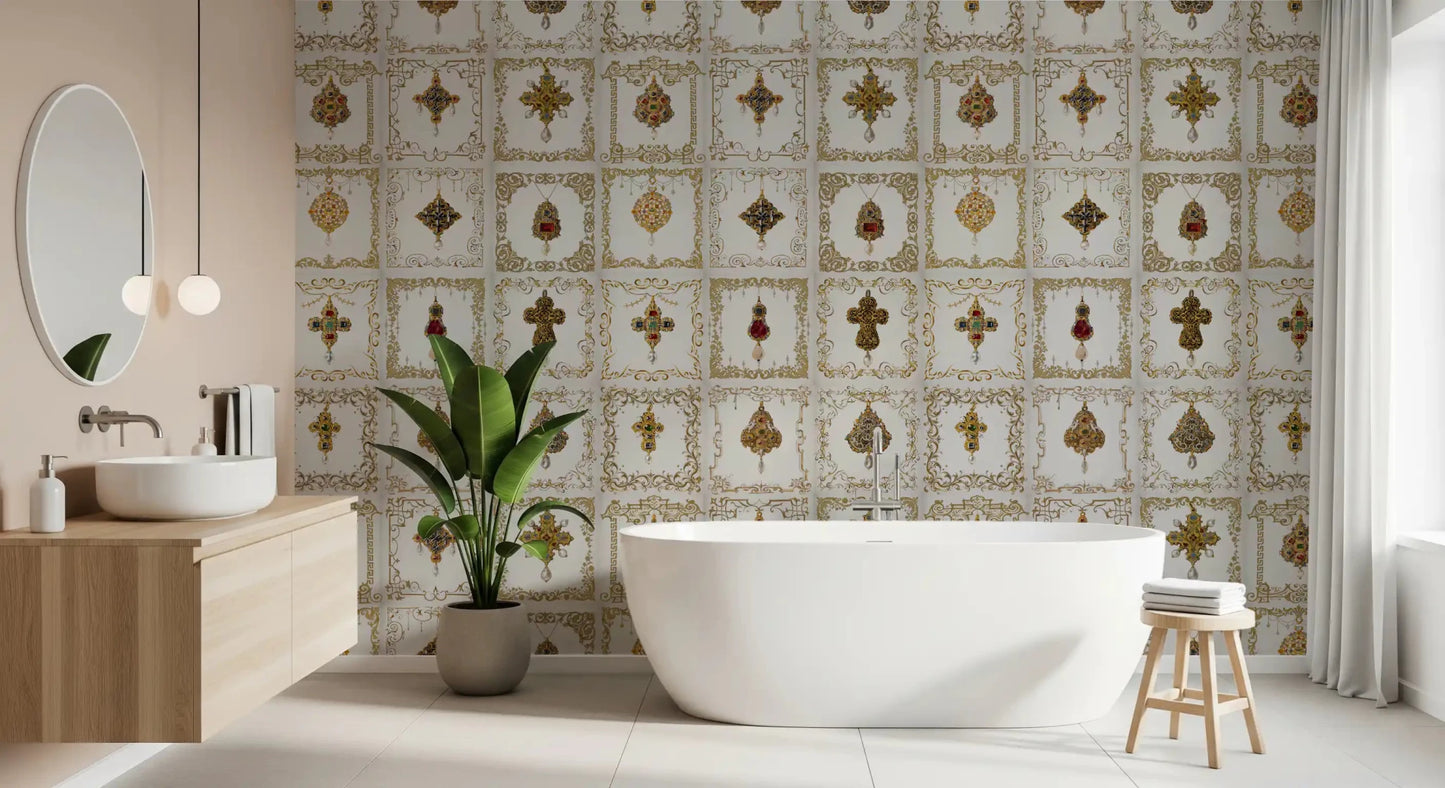 Heritage jewel wall mural giving a Bathroom a rich ornamental touch