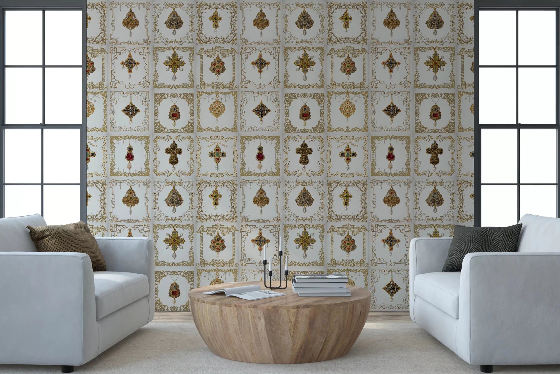 Jewel medallion wall mural styled for a sophisticated home office