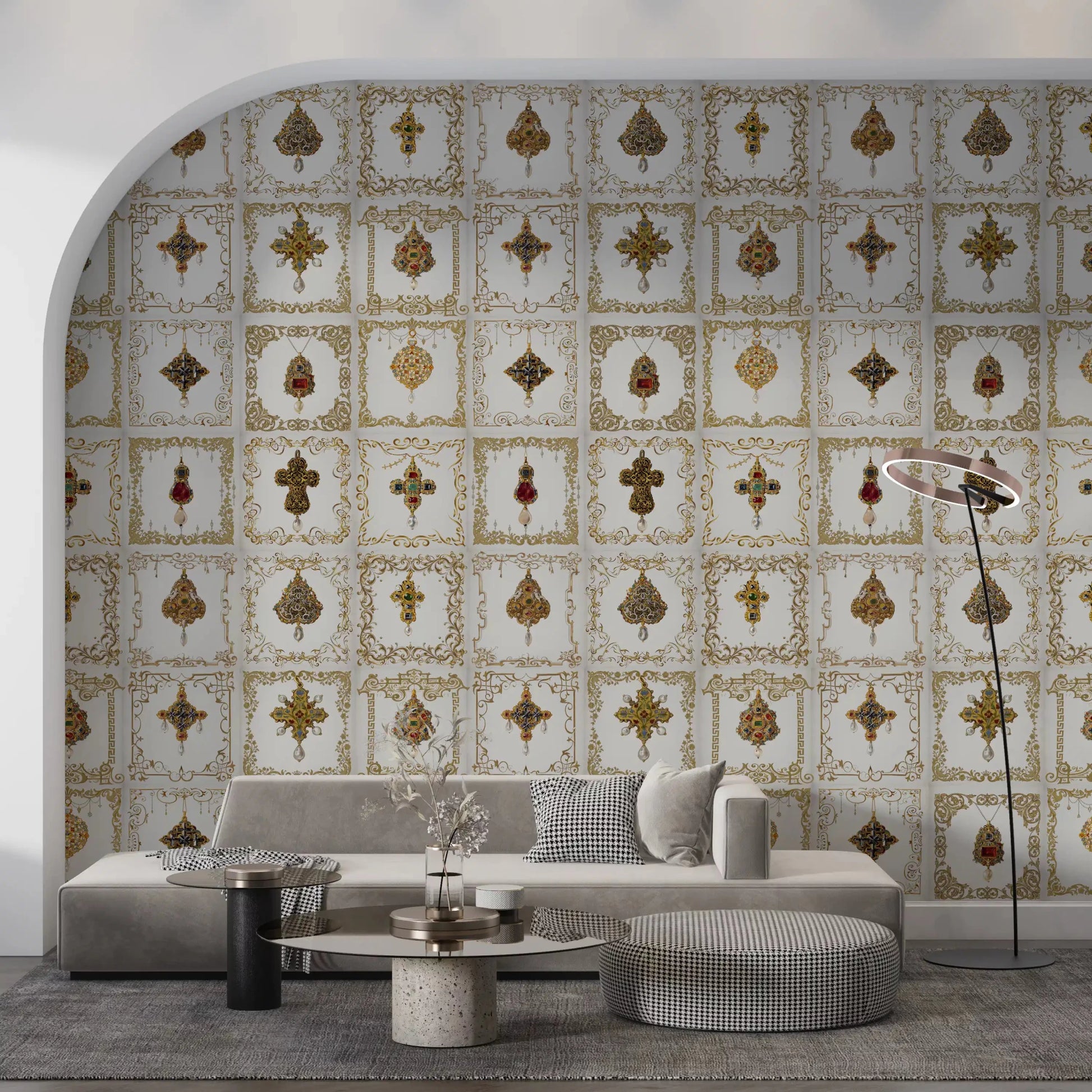 Gilded motif wall mural creating a polished focal point in a Living space 