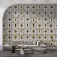 Gilded motif wall mural creating a polished focal point in a Living space 
