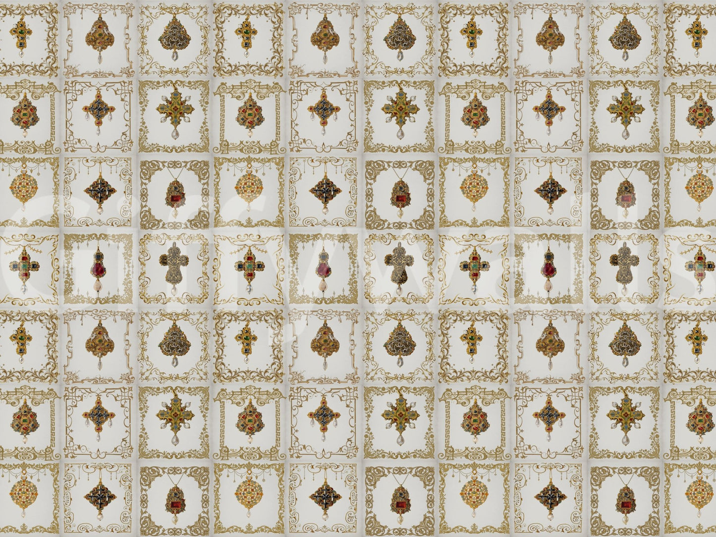 Jeweled elegance wall mural with gold filigree frames and ornate jewel medallions