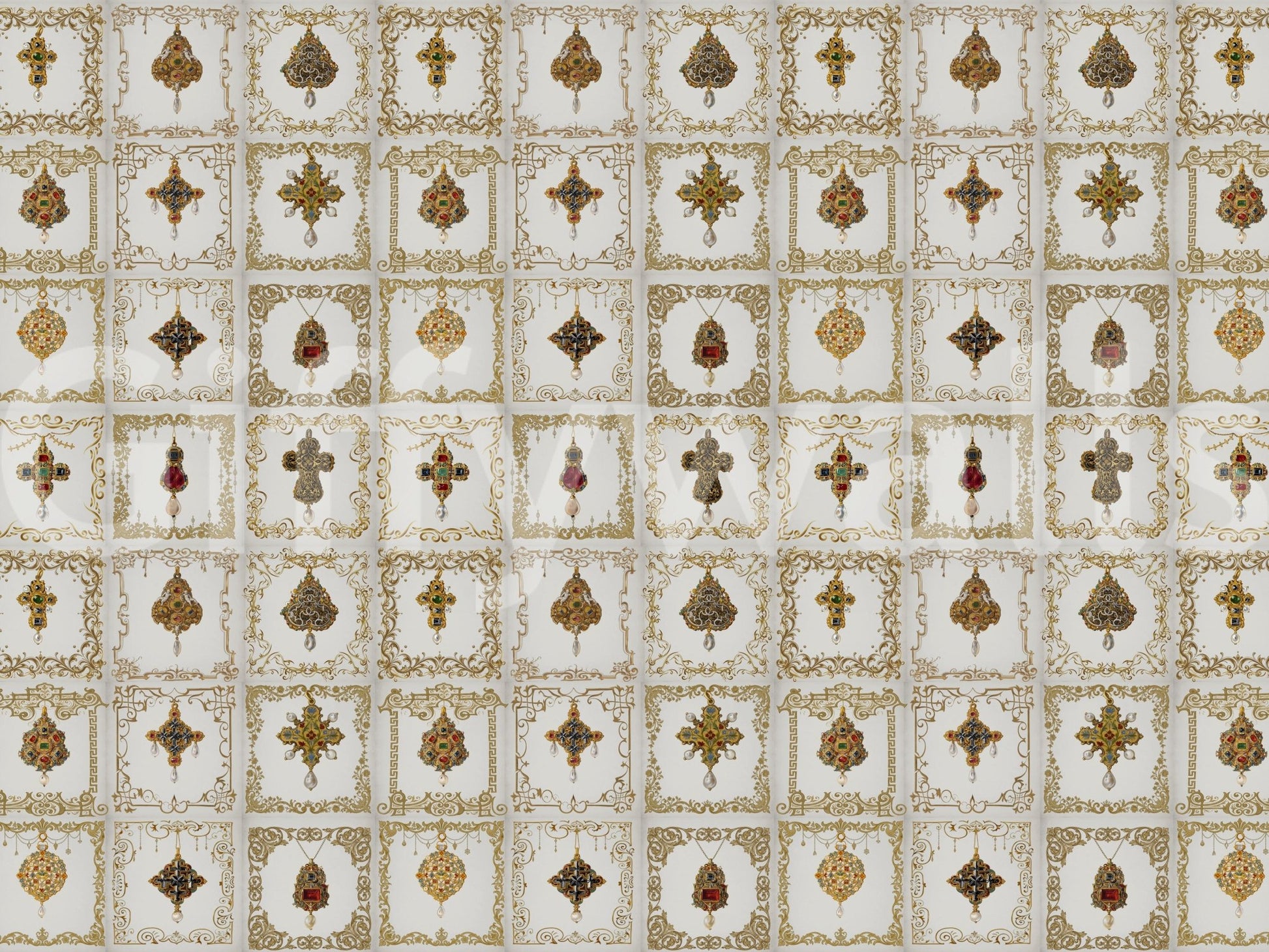 Jeweled elegance wall mural with gold filigree frames and ornate jewel medallions