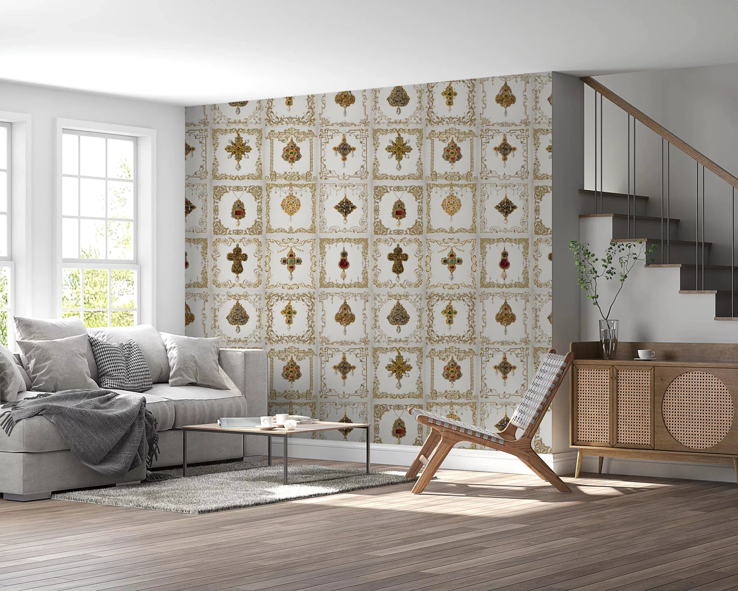 Jeweled Elegance  wall mural complementing a traditional living room