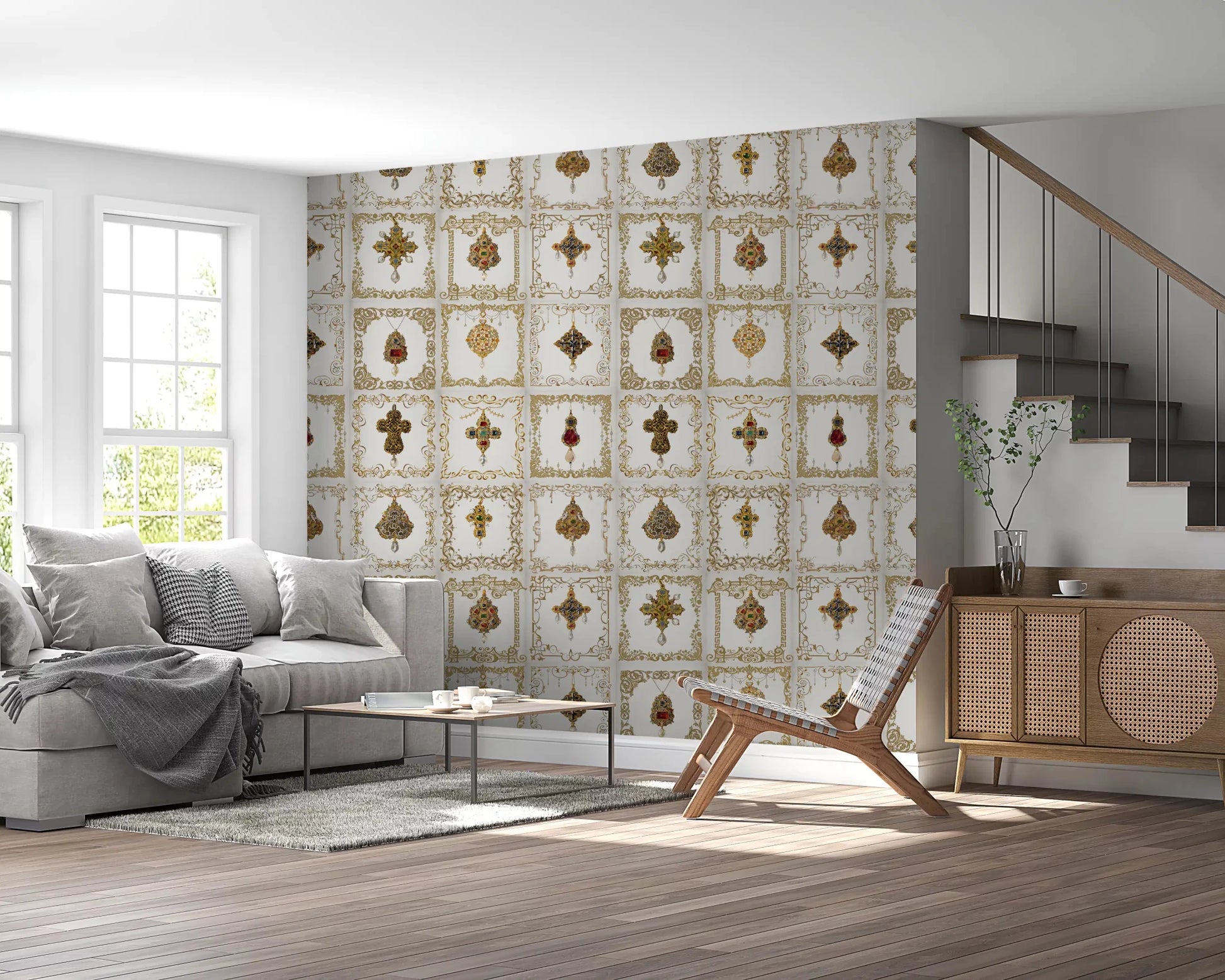 Jeweled Elegance  wall mural complementing a traditional living room