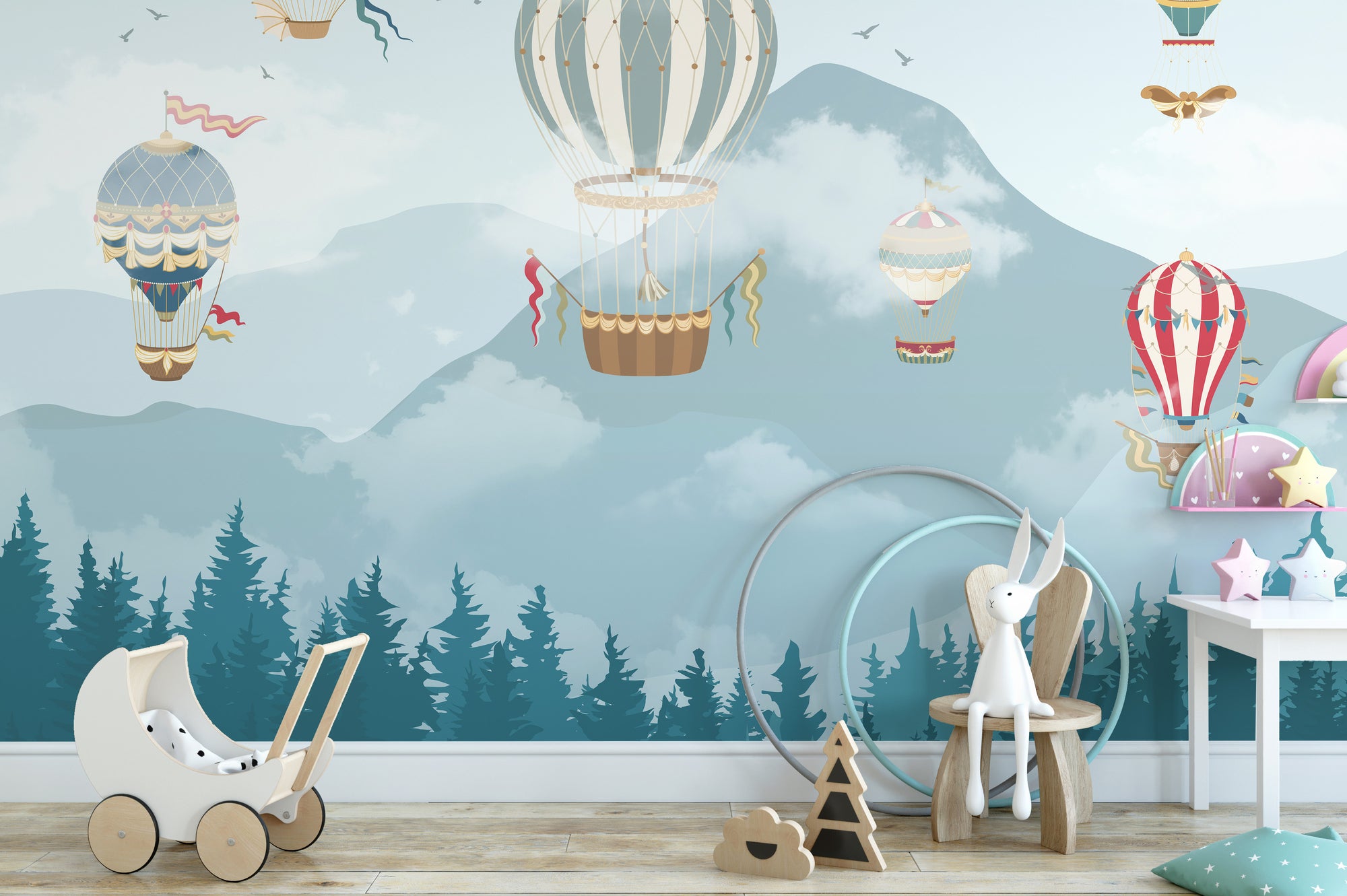 Jolly Hot Air Balloons Kids Room wallpaper mural shown as a full feature wall that highlights the design