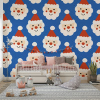 A bright blue holiday wallpaper with smiling Santa illustrations arranged in neat rows.