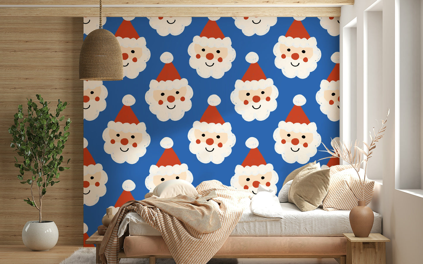 A joyful Christmas wallpaper decorated with rows of friendly Santas in red and white.
