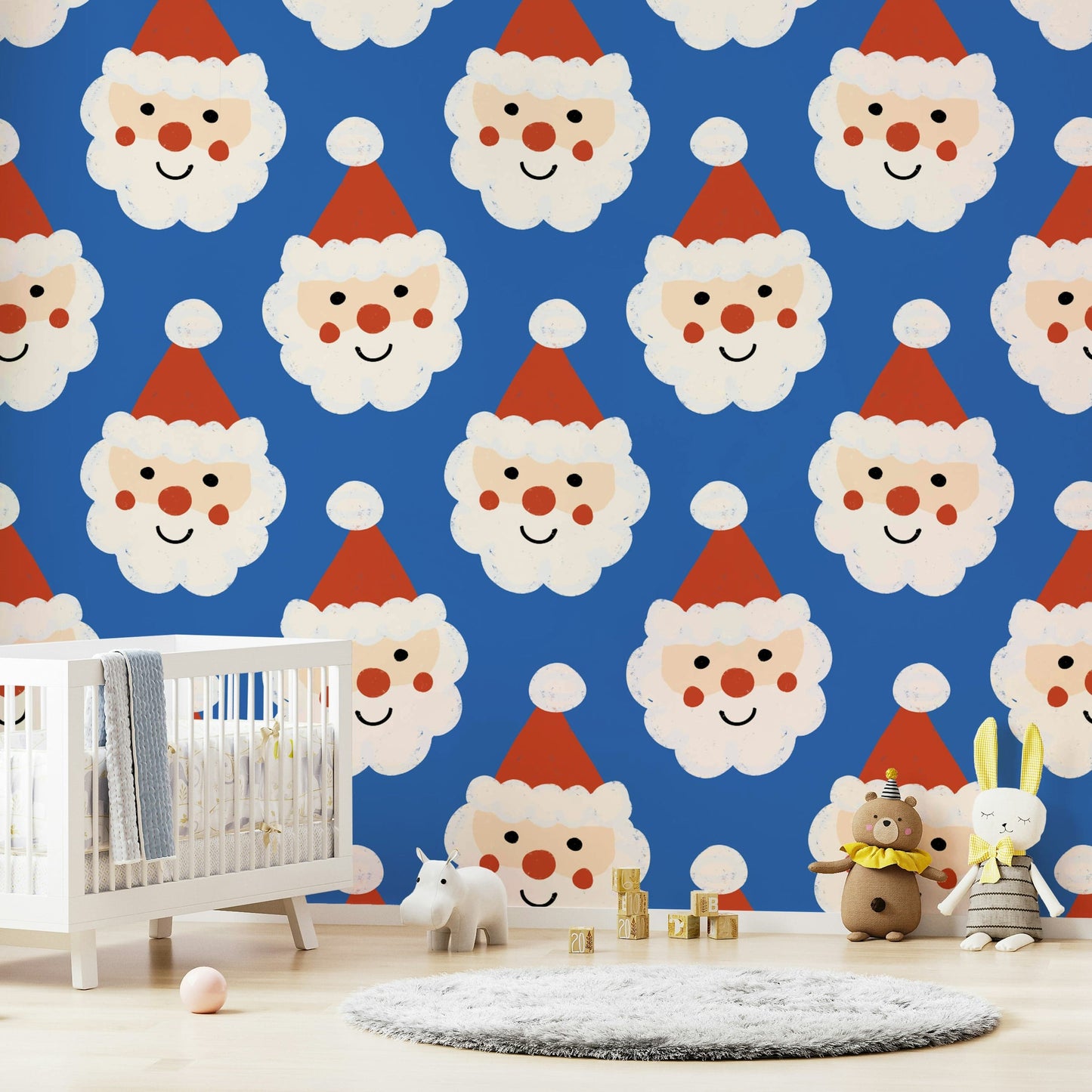 A whimsical Santa wallpaper with bright red hats and cheerful expressions on a bold blue backdrop.